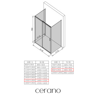 CERANO - Třístěnný sprchový kout Varone LINE U L/P - 6 mm - černá matná, transparentní sklo - 150x90x195 cm - posuvný