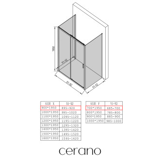 CERANO - Třístěnný sprchový kout Varone LINE U L/P - 6 mm - černá matná, transparentní sklo - 90x70x195 cm - posuvný