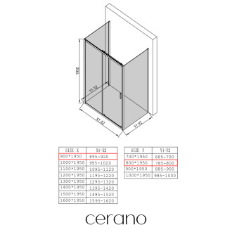 CERANO - Třístěnný sprchový kout Varone LINE U L/P - 6 mm - černá matná, transparentní sklo - 90x80x195 cm - posuvný