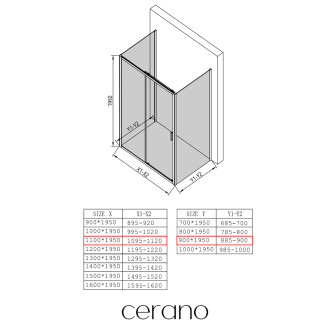 CERANO - Třístěnný sprchový kout Varone LINE U L/P - 6 mm - chrom, mléčné sklo - 110x90 cm - posuvný