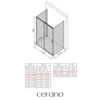 CERANO - Třístěnný sprchový kout Varone LINE U L/P - 6 mm - chrom, mléčné sklo - 120x90 cm - posuvný