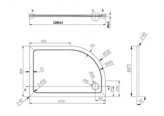 KLARA - vanička z litého mramoru, čtvrtkruh 1200x800x30 mm, levé bez noh, VANKASCTVR8012L
