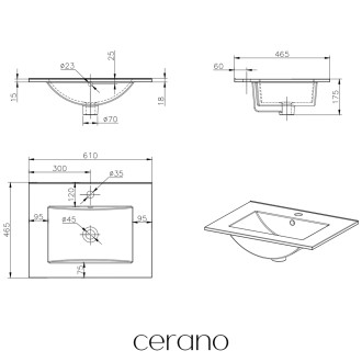 CERANO - Umyvadlo keramické Todo - nábytkové - bílá lesklá - 61x46,5 cm