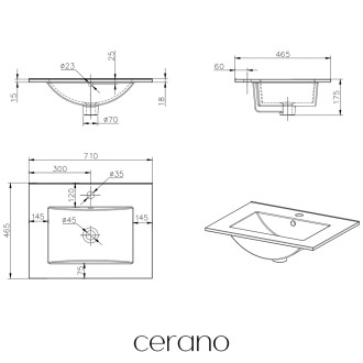 CERANO - Umyvadlo keramické Todo - nábytkové - bílá lesklá - 71x46,5 cm