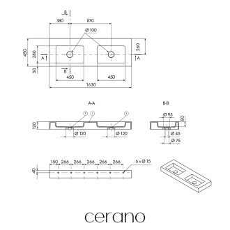 CERANO - Umyvadlo z litého mramoru Geminia - nástěnné - bílá matná - 163x45 cm