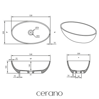 CERANO - Umyvadlo z litého mramoru Luna - na desku - černá matná - 52,8x30,9 cm