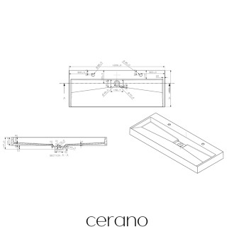 CERANO - Umyvadlo z litého mramoru Vita - nástěnné i na desku - 2 otvory pro baterii - černá matná - 120x46 cm