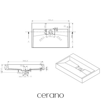 CERANO - Umyvadlo z litého mramoru Vita - nástěnné i na desku - černá matná - 70x46 cm