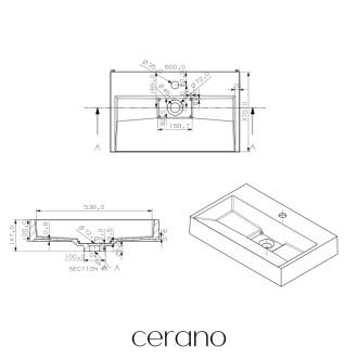 CERANO - Umyvadlo z litého mramoru Vita - nástěnné i na desku - otvor pro baterii - bílá matná - 60x37 cm
