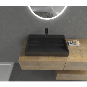 CERANO - Umyvadlo z litého mramoru Vita - nástěnné i na desku - otvor pro baterii - černá matná - 70x46 cm