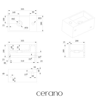 CERANO - Umývátko z litého mramoru Filo, závěsné pravé - bílá matná - 35,5x20 cm