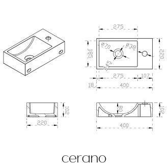 CERANO - Umývátko z litého mramoru Teo - závěsné pravé - černá matná - 40x22 cm