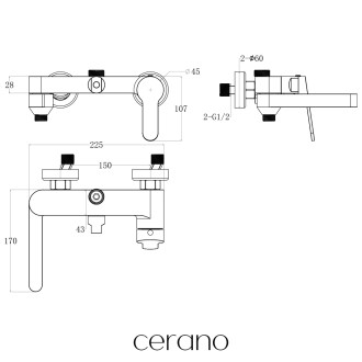 CERANO - Vanová nástěnná baterie Velea - černá matná