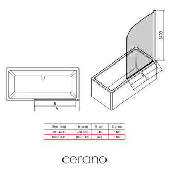 CERANO - Vanová zástěna jednodílná Chiara L/P - černá/transparentní sklo - 100x140 cm