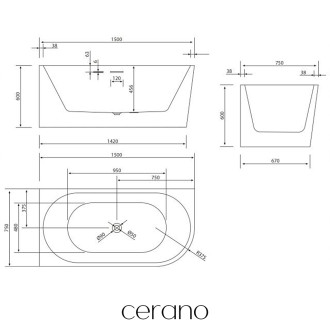 CERANO - Volně stojící akrylátová vana Bianco, levá - černá matná - 150x75 cm