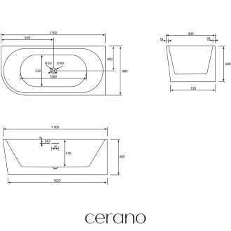 CERANO - Volně stojící akrylátová vana Bianco, pravá - černá matná - 170x80 cm