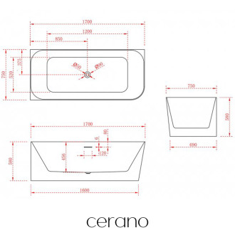 CERANO - Volně stojící akrylátová vana Brilante, levá - bílá lesklá - 170x75 cm