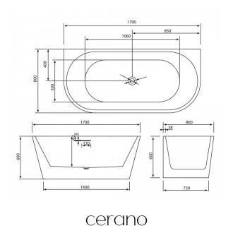CERANO - Volně stojící akrylátová vana Grazia - bílá lesklá - 170x80 cm
