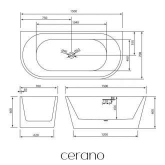 CERANO - Volně stojící akrylátová vana Grazia - černá matná - 150x70 cm