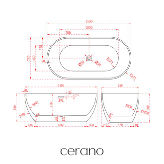 CERANO - Volně stojící akrylátová vana Menora - bílá lesklá - 150x75 cm