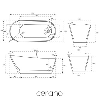 CERANO - Volně stojící akrylátová vana Savoia - bílá lesklá - 170x80 cm