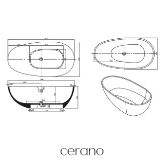 CERANO - Volně stojící vana z litého mramoru Aura - černá matná - 180x90 cm