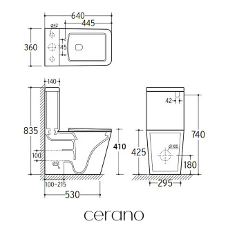 CERANO - WC kombi Bruno, Rimless + Slim/UF sedátko - spodní/zadní odpad- černá matná - 64x36 cm