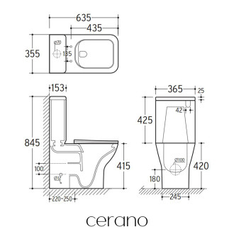 CERANO - WC kombi Marmo, Double Vortex - vírové splachování + Slim/SoftClose sedátko - spodní/zadní odpad - černá matná - 70x36 cm