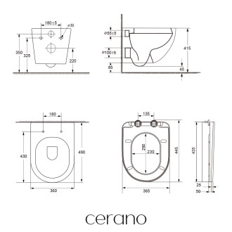 CERANO - WC závěsné Cesso, Vortex + Slim/UF sedátko - černá matná - 49x36 cm