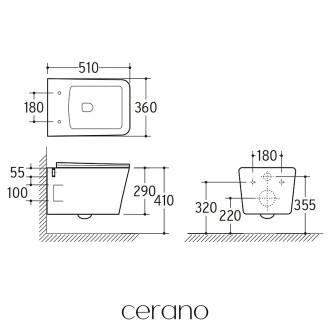 CERANO - WC závěsné Forte, Rimless + Slim/UF sedátko - černá matná - 51x36 cm