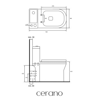 CERANO - WC set kombi s umývátkem Hygisink, Rimless + UF sedátko - spodní/zadní odpad - bílá lesklá + baterie Bina nízká - chrom -  71,5x36 cm