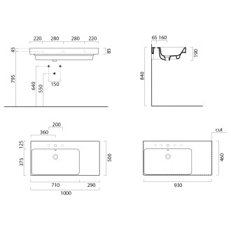 NUBES keramické umyvadlo 100x50cm, s odkládací plochou vpravo, bílá mat