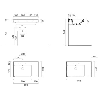NUBES keramické umyvadlo 80x50cm, s odkládací plochou vpravo, černá mat