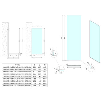 ARCHITEX sada pro uchycení skla podlaha-stěna se spádovou lištou, 1615x2105mm, levá, černá mat