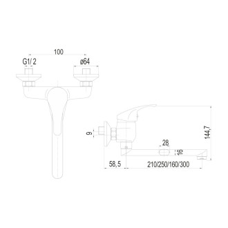 Lila dřezová baterie nástěnná 100 mm s ramínkem plochým rovným 300 mm CBEE302A06