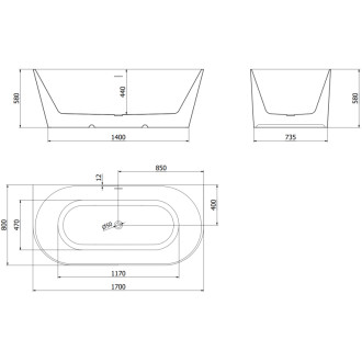 Mexen Oval Slim wanna wolnostojąca przyścienna 170 x 80 cm, biała/czarna, przelew czarny - 52661708075-70