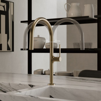 Dřezová baterie Kludi Reef s vytahovací sprškou kartáčované zlato 50851N075