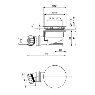 Vaničkový sifon, průměr 90mm, DN40, krytka měď mat