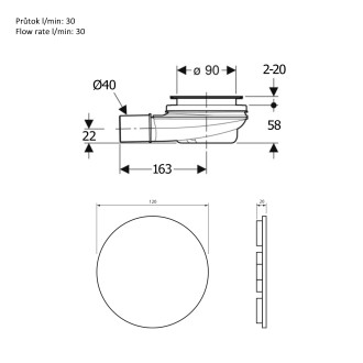 MIRAI vaničkový sifon, průměr 90mm, DN40, krytka gun metal
