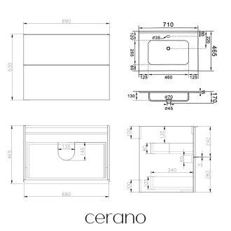 CERANO - Koupelnová skříňka Velora - dub medový, úchytka černá + keramické umyvadlo Novo - bílá lesklá - 71x54,5x46,5 cm