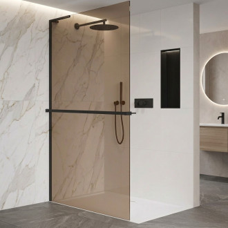 CERANO - Sprchová zástěna Walk-in Onyx L-levá vzpěra - 8 mm + polička/držák na ručníky - černá matná, bronzové sklo - 60x200 cm