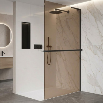 CERANO - Sprchová zástěna Walk-in Onyx L-pravá vzpěra - 8 mm + polička/držák na ručníky - černá matná, bronzové sklo - 90x200 cm