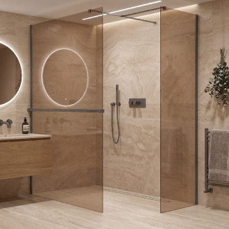 CERANO - Sprchová zástěna Walk-in Onyx T L/P - 8 mm - hranatá vzpěra + polička/držák na ručníky - černá matná, bronzové sklo - 80x70x200 cm