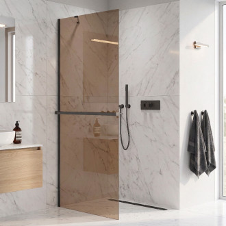 CERANO - Sprchová zástěna Walk-in Onyx Y L/P - 8 mm + polička/držák na ručníky - černá matná, bronzové sklo - 120x200 cm