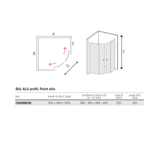 Mereo Lima sprchový kout, R 550, 90x90x190 cm, bílý ALU, sklo Point 6 mm CK608B02K