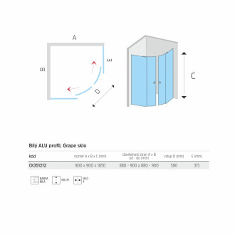 Mereo Kora Lite sprchový kout, R550, 90x90x185 cm, bílý ALU, sklo Grape 4 mm CK35121Z