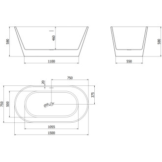Mexen Flavia wanna wolnostojąca 150 x 75 cm, biała, przelew czarny - 54031507500-B