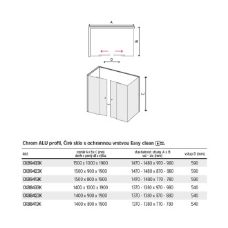 Mereo Lima sprchový kout, 140x90x190 cm, L/P, chrom ALU, sklo Čiré CK88423K