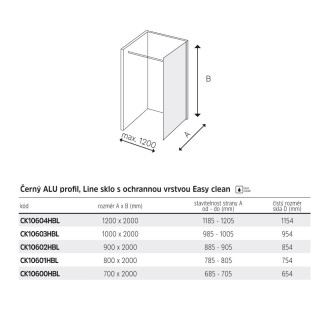 Novea sprchová stěna, Black 80x200 cm, sklo 8mm, Line, lišta ke stěně, EASY CK10601HBL