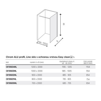 Novea sprchová stěna, 80 x 200 cm, sklo 8mm, Line, lišta ke stěně, EASY CK10601HL